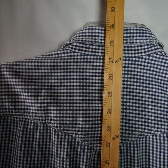 Banana Republic Men's Size L Pearl Snap Plaid Blue Short-Sleeve Button Down - Picture 10 of 12